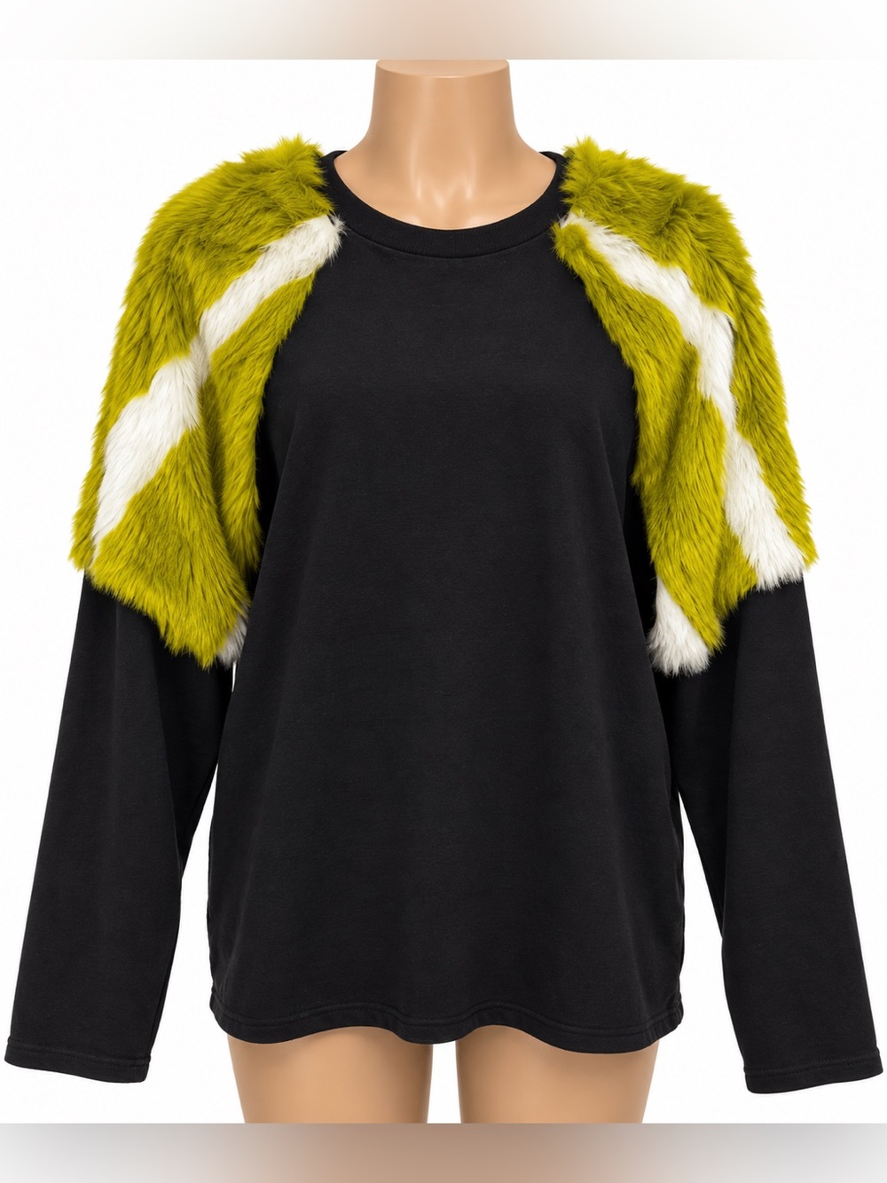 Zara Trafaluc TRF Faux Fur Shoulder Sweatshirt Black Green White Top Small